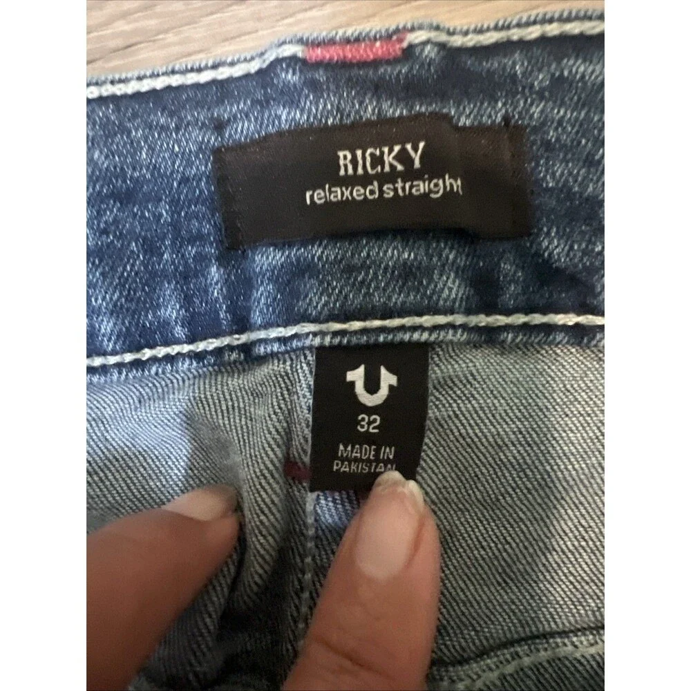 True Religion Mens Ricky Relaxed Straight Light Blue Wash Jeans Size 32 x 33